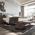 Modern Bedroom Interior With Wooden Bed Frame Large Window Decorative Wall Art And Area Rug