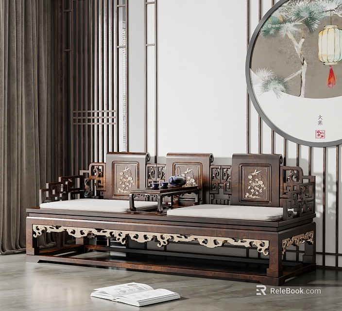 Traditional Chinese Luohan Bed with Intricate Carved Wooden Frame and Classic Decorative Screen Lantern 3d model 