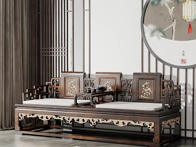 Traditional Chinese Luohan Bed with Intricate Carved Wooden Frame and Classic Decorative Screen Lantern 3d model