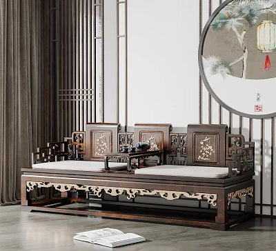 Traditional Chinese Luohan Bed with Intricate Carved Wooden Frame and Classic Decorative Screen Lantern 3d model