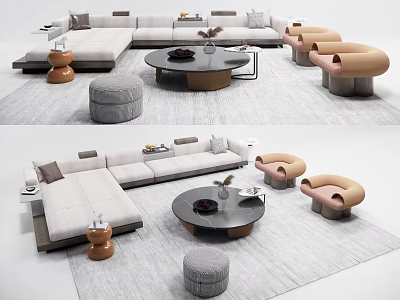 Modern Living Room Sofa Coffee Table Set With Accent Chairs And Neutral Tones Poufs 3d model