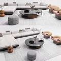 Modern Living Room Sofa Coffee Table Set With Accent Chairs And Neutral Tones Poufs