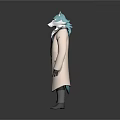 Anthropomorphic 3D Character With Blue Ears White Long Coat Black Inner Shirt Gloves And Boots