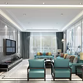 Modern Dining Room Interior With Light Blue Chairs Dark Table Chandelier And Geometric Tiles
