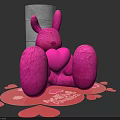 Pink Rabbit Doll Holding Heart with Small Hearts and Gray Block Background