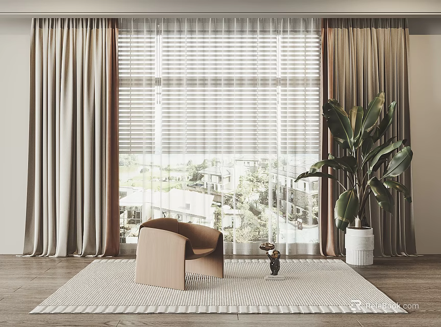 Neutral Curtains With Sheer Blinds Large Plant Accent Chair By Window With Outdoor View 3d model 