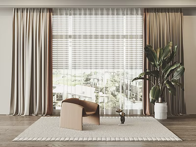 Neutral Curtains With Sheer Blinds Large Plant Accent Chair By Window With Outdoor View 3d model