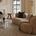 Elegant Living Room Interior With Beige Sofa Armchairs Fireplace And Chandelier