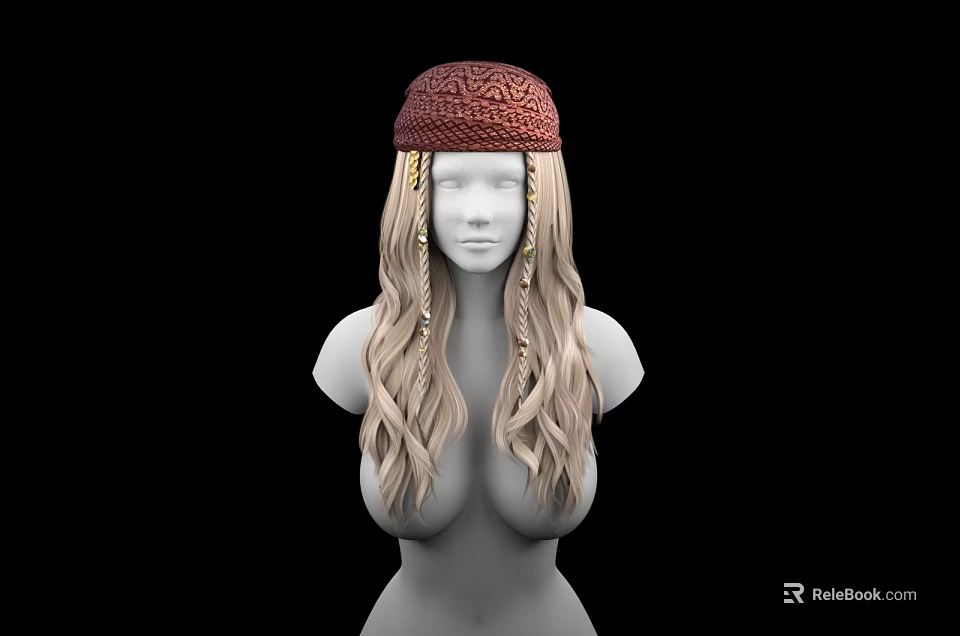 Game Movie Character With Red Crocheted Hat Blonde Long Braided Hair On Black Background 3d model 
