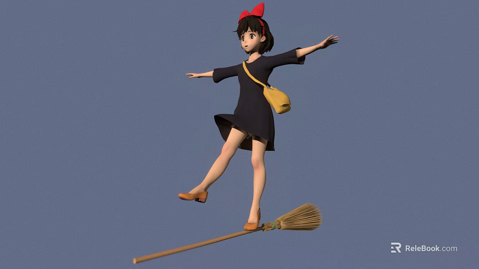 Little Girl Flying On Broomstick With Red Bow And Yellow Bag In Blue Sky 3d model 