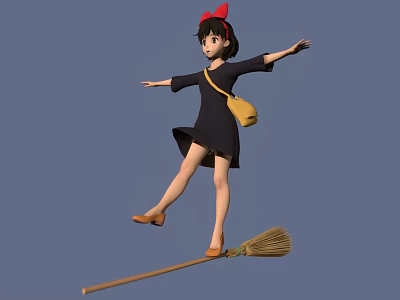 Little Girl Flying On Broomstick With Red Bow And Yellow Bag In Blue Sky 3d model