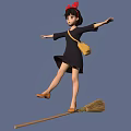 Little Girl Flying On Broomstick With Red Bow And Yellow Bag In Blue Sky