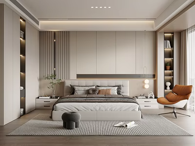 Modern Bedroom Interior With Large Bed Built In Cabinets Orange Armchair And Minimalist Design 3d model
