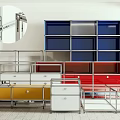 Modern Multicolored Shelving Units With Metal Frames And Functional Drawers For Home Storage Interior