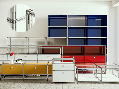 Modern Multicolored Shelving Units With Metal Frames And Functional Drawers For Home Storage Interior 3d model
