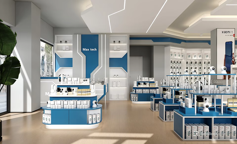Modern Digital Store Interior With Product Displays And Blue White Theme 3d model