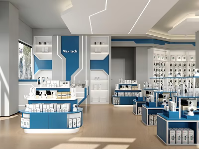 Modern Digital Store Interior With Product Displays And Blue White Theme 3d model