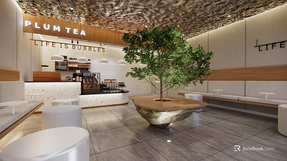 Modern Cafe Interior With Open Space Large Green Tree Counter And Seating Area 3d model 
