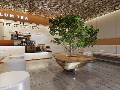 Modern Cafe Interior With Open Space Large Green Tree Counter And Seating Area 3d model