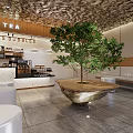 Modern Cafe Interior With Open Space Large Green Tree Counter And Seating Area