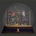 Decorative Snow Globe with Miniature Interior Scene Wooden Bookshelves Table and Daily Life Items