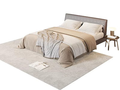 Double Bed with Gray Headboard Beige Bedding Side Table Lamp Light Colored Rug Open Book 3d model