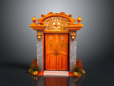 Traditional Chinese Wooden Door With Carved Patterns Ornate Top Lanterns Brick Walls And Decorative Plants 3d model