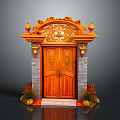 Traditional Chinese Wooden Door With Carved Patterns Ornate Top Lanterns Brick Walls And Decorative Plants