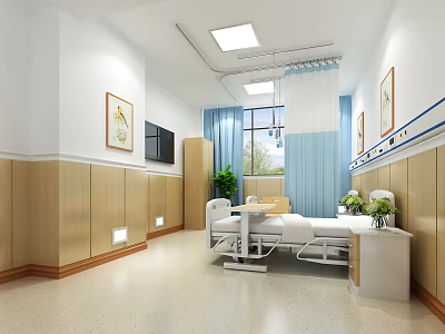 Hospital Room Interior Design With Bed TV Window Curtains And Decorative Paintings 3d model