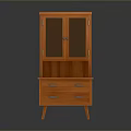 Orange Wooden Storage Cabinet With Glass Door Upper Section And Drawers With Metal Handles
