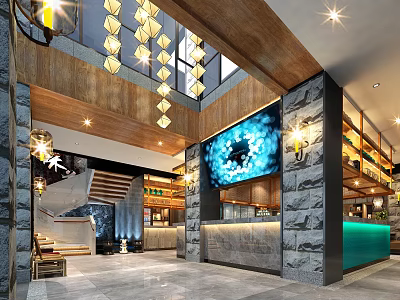 Modern Restaurant Interior Design With Wooden Ceiling Stone Walls Bar Counter And Lighting Fixtures 3d model