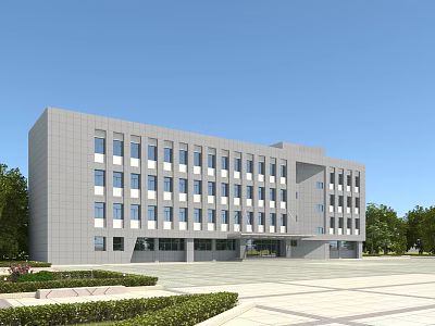 Modern Office Building Exterior With Gray Facade Large Windows And Landscaped Front Plaza 3d model