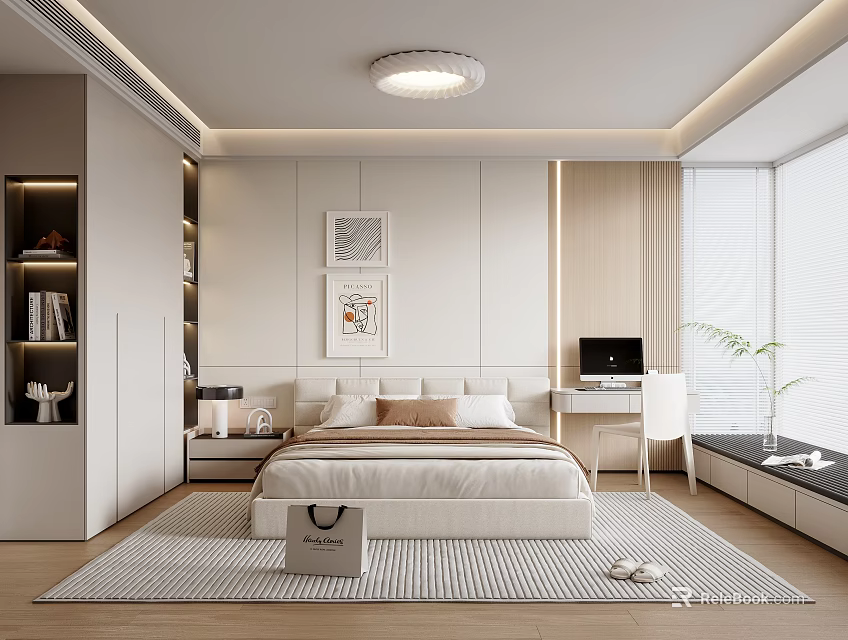 Minimalist White Bedroom Interior With Wooden Bed Desk Floor to Ceiling Window And Rug 3d model 