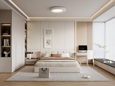 Minimalist White Bedroom Interior With Wooden Bed Desk Floor to Ceiling Window And Rug 3d model