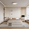 Minimalist White Bedroom Interior With Wooden Bed Desk Floor to Ceiling Window And Rug