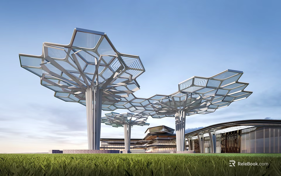 Modern Tree Shaped Architectural Structures With Geometric Glass Roof And Metal Frames 3d model 