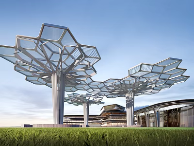 Modern Tree Shaped Architectural Structures With Geometric Glass Roof And Metal Frames 3d model