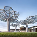 Modern Tree Shaped Architectural Structures With Geometric Glass Roof And Metal Frames