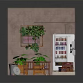 Indoor Interior Scene with Vending Machine Green Plants Wooden Bench Tiled Walls and Blue Bottles
