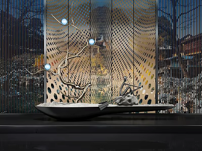 Garden Ornament With White Bowl Decorative Branch Blue Lights And Perforated Metal Screen 3d model