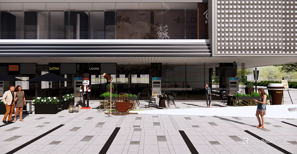 Modern Commercial Street With Stylish Storefronts Pedestrian Walkway And Outdoor Decorative Plants 3d model 