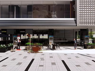 Modern Commercial Street With Stylish Storefronts Pedestrian Walkway And Outdoor Decorative Plants 3d model