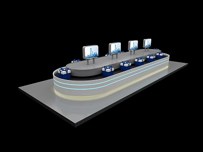Modern Tech Exhibition Hall Featuring Curved Display Platform Multiple Screens And Blue Lighting 3d model