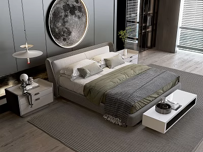 Modern Bedroom Interior With Double Bed Moon Wall Art Table Lamp Nightstands and Window Blinds 3d model
