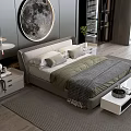 Modern Bedroom Interior With Double Bed Moon Wall Art Table Lamp Nightstands and Window Blinds