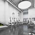 Modern Beauty Salon Interior With Styling Chairs Large Mirrors Circular Decorations And Spiral Staircase