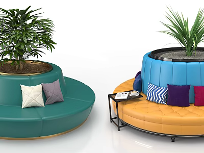 Colorful Circular Public Chairs With Cushions Plants And Side Table Setup 3d model