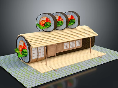 Sushi Roll Shaped Building With Wooden Structure Bamboo Roof And Windows On Brick Paved Ground 3d model