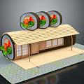 Sushi Roll Shaped Building With Wooden Structure Bamboo Roof And Windows On Brick Paved Ground