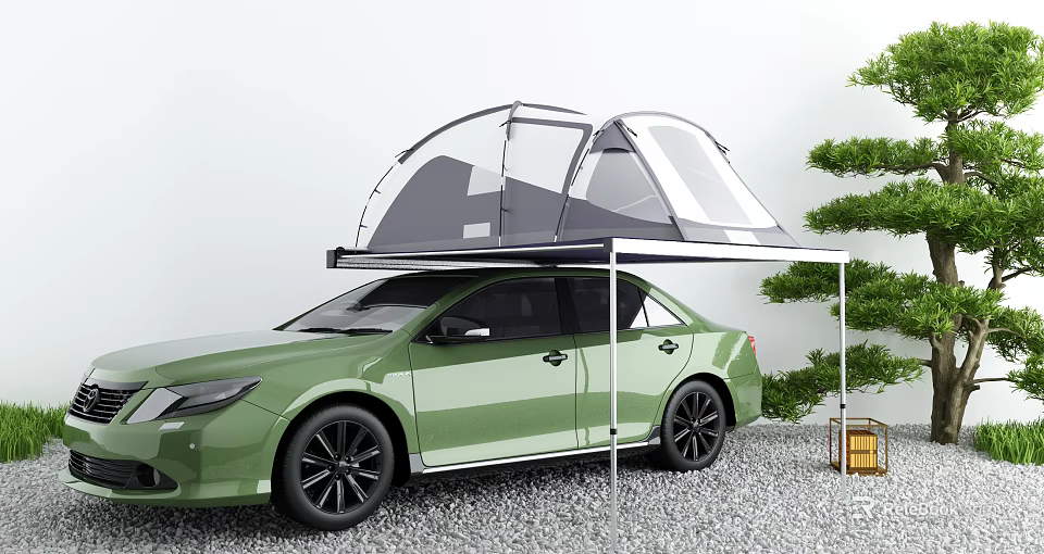 Green Car With Roof Tent For Outdoor Camping Featuring Tree And Gravel Ground 3d model 